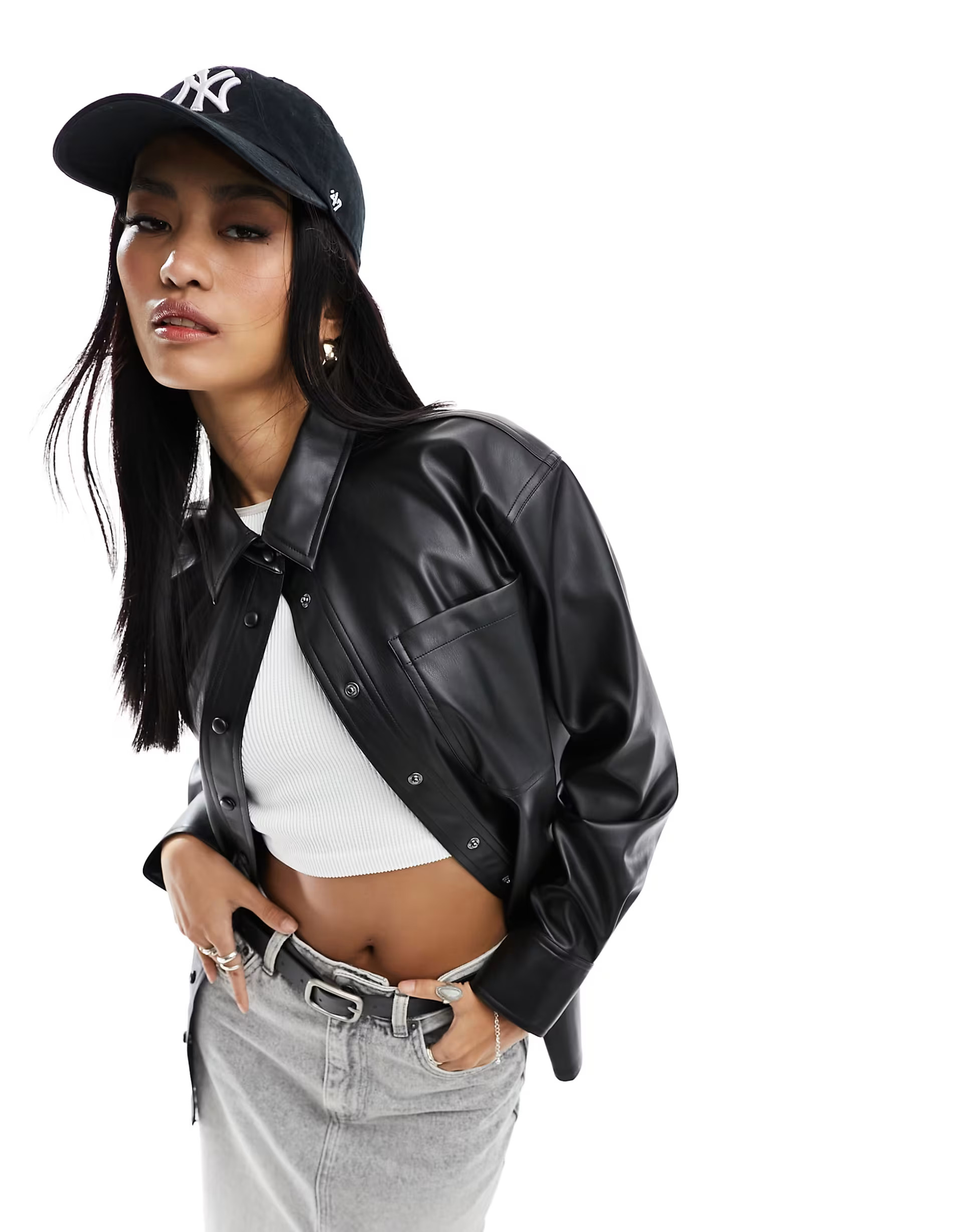 Miss Selfridge faux leather oversized shirt in black | ASOS | ASOS (Global)
