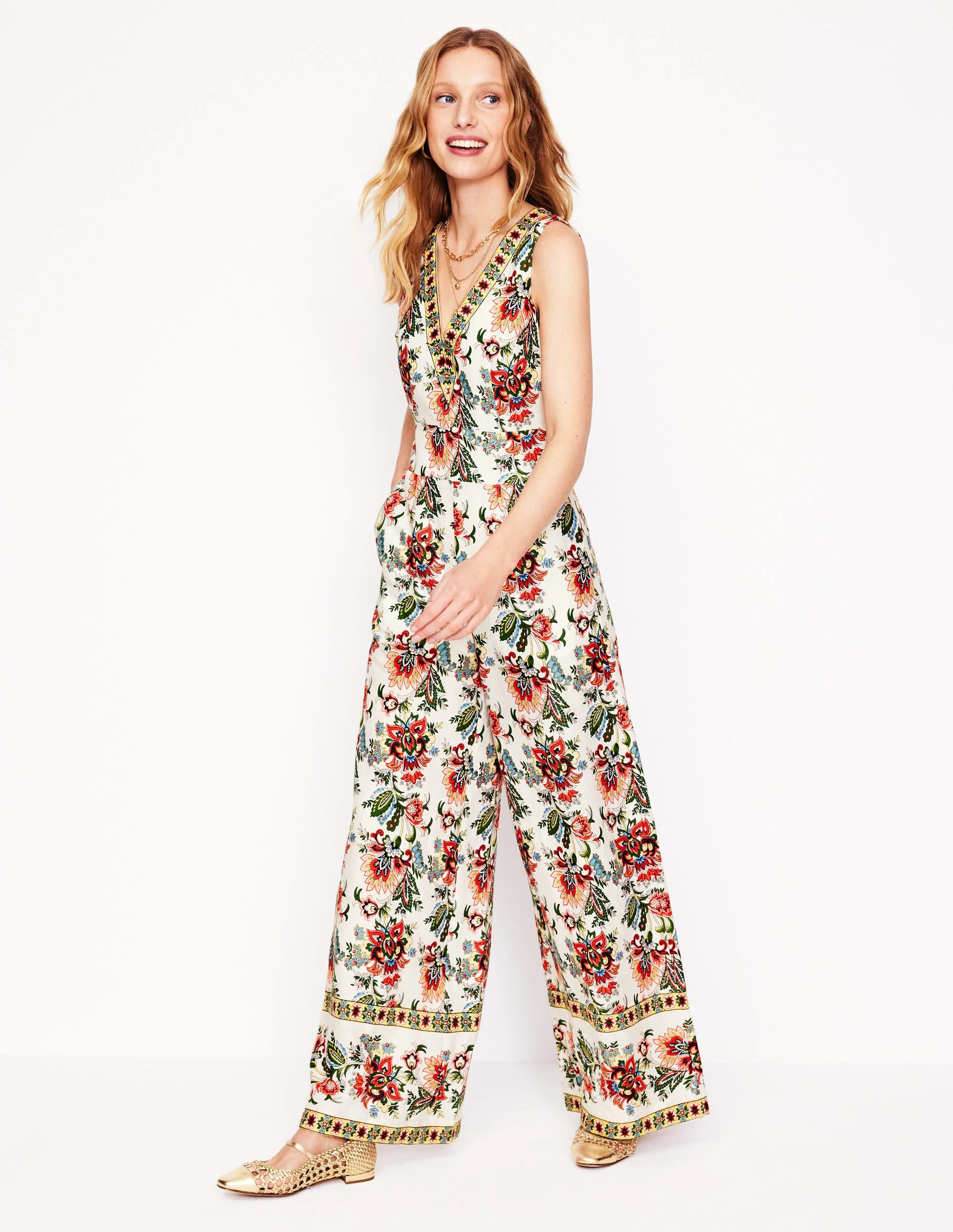 V-Neck Linen Jumpsuit-Ivory, Botanica Terrace | Boden (US)