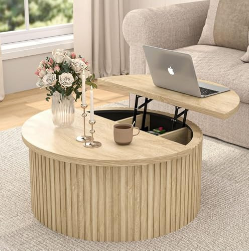 Fsbecl Lift Top Coffee Table with Storage, Round Coffee Tables for Living Room, 34.6'' Farmhouse Fluted Coffee Table, Wood Center Table with Large Hiddern Storage Compartment (Wood Color) | Amazon (US)
