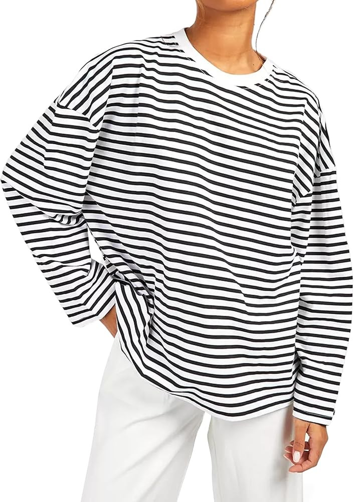 LilyCoco Womens Striped Long Sleeve Shirt Oversized Tshirts Crew Neck Drop Shoulder Tops | Amazon (US)