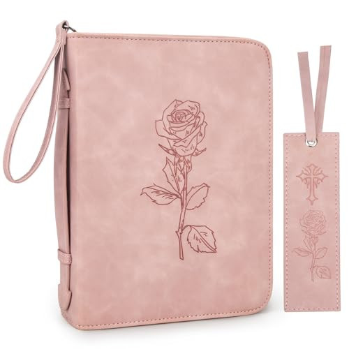 Bible Cover for Women - Leather Study Case with Bookmark, Supplies Carrying Bag Tote with Strap, Personalized Book Organizer for Journaling - Pink | Amazon (US)