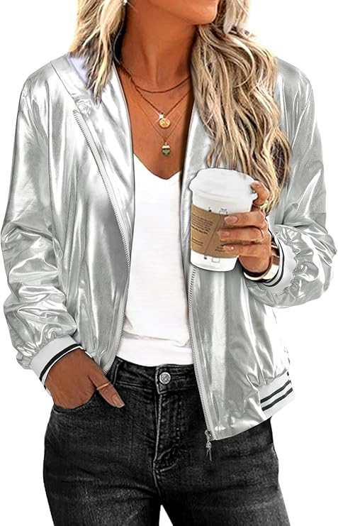 Women Silver Metallic Holographic Glitter Jacket Sparkly Zipper Hooded Concert Rave Party Bomber ... | Amazon (US)