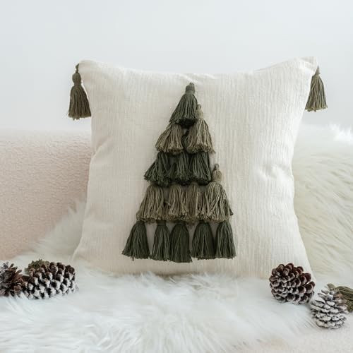 Boho Green Tasseled Christmas Tree Throw Pillow Cover, Textured Farmhouse Chenille Pillowcase wit... | Amazon (US)