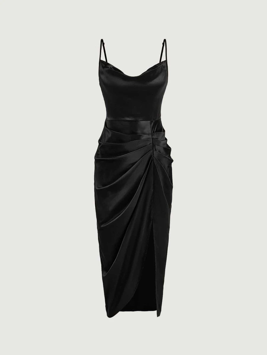 HomeWomen ClothingWomen DressesSHEIN BAE Solid Draped Collar Ruched Split Thigh Satin Cami Dress | SHEIN