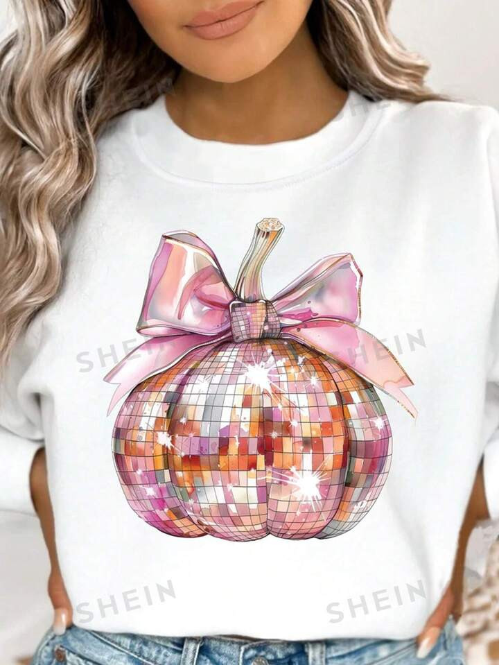 SHEIN LUNE Women's Crew Neck Long Sleeve Pumpkin Print Simple Sweatshirt, Casual Daily Wear | SHEIN