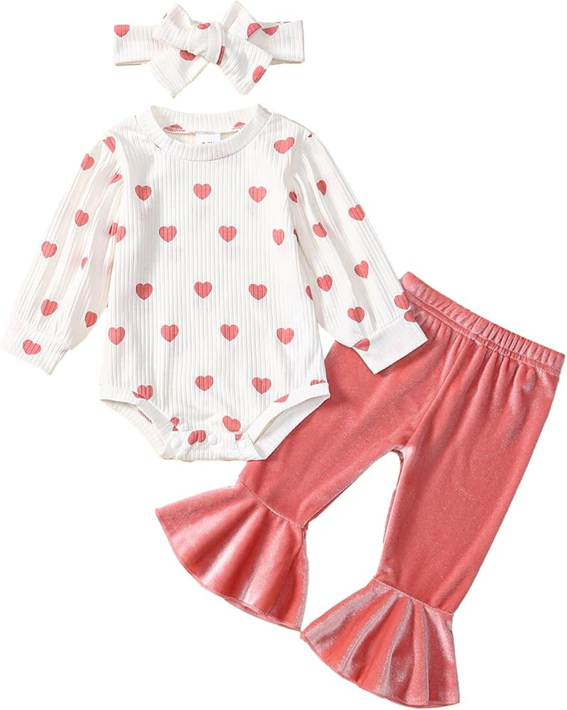 ADXSUN Baby Girl Valentine's Day Outfits Heart Print Romper+Flared Pants+Headband Infant Clothes ... | Amazon (US)