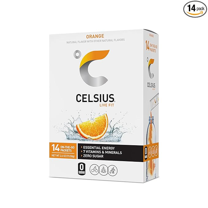CELSIUS On-the-Go Powder Stick Zero Sugar (14 Sticks per Pack), Orange, 2.60 Oz | Amazon (US)