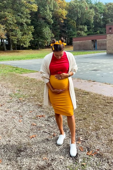 Quick and easy Halloween costume ! 🎃

•Amazon mustard yellow Bodycon dress, Walmart red t-shirt, white leather slip on Vans, H&M sweater, maternity, bump style, Halloween look, Winnie the Pooh, 33 weeks pregnant

#LTKHalloween 

#LTKSeasonal #LTKunder50