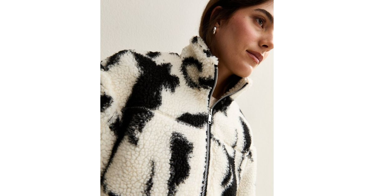 Black Abstract Print Borg Jacket | New Look | New Look (UK)