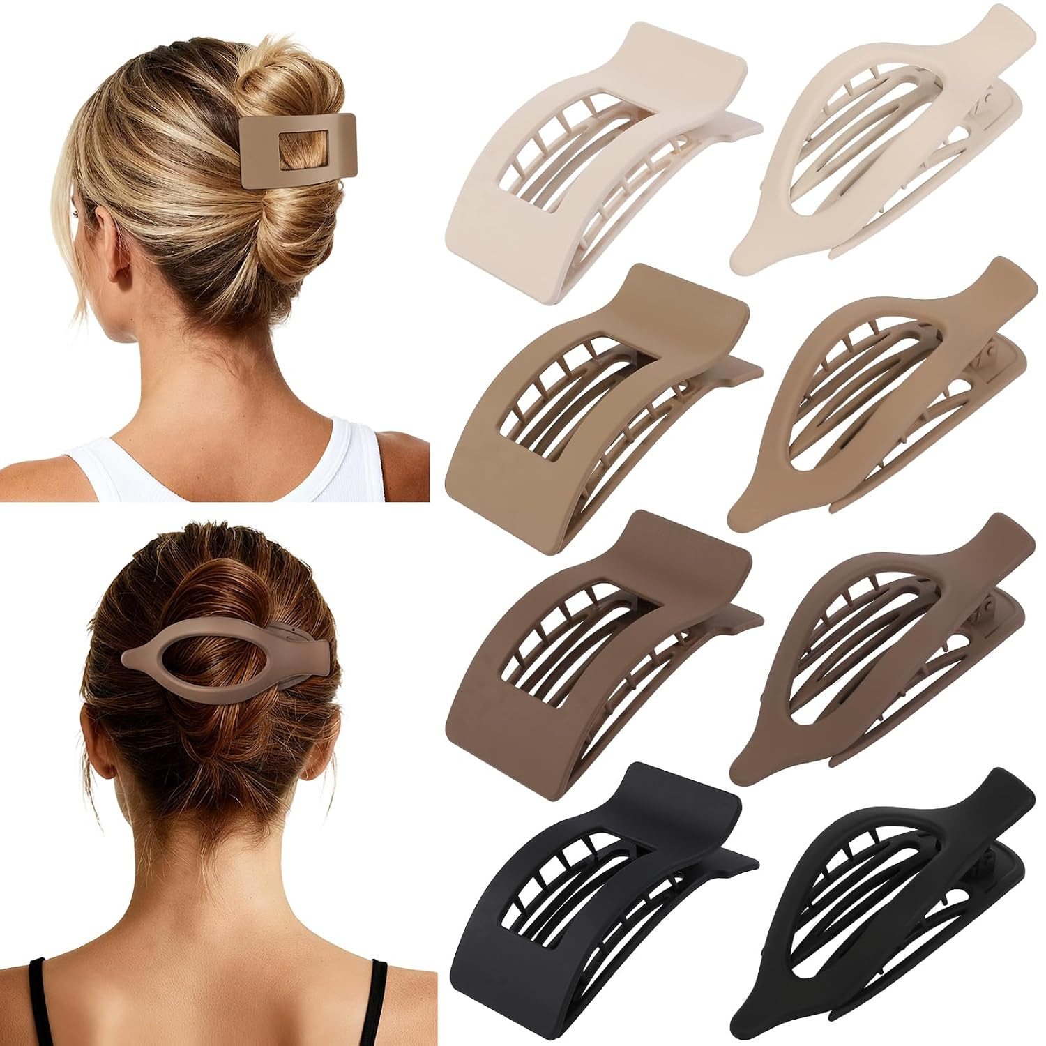 8Pcs French Flat Hair Clips for Women 2 Styles Claw Clips for Girls Matte Flat Hair Claw Clips for Thin and Thick Hair Large Non-slip Strong Hold Hair Accessories for Women (Brown) | Amazon (US)