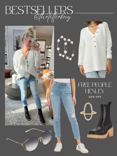 Bestseller: Free People Henley sweater. 20% off. Sweater wearing small. Jeans on sale try code: LAUREN20. I wear a size 2. 

Casual outfit. Spring sweater. Straight leg jeans. 

#LTKstyletip #LTKsalealert #LTKunder100
