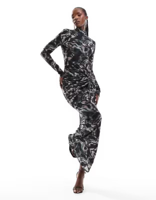 ASOS DESIGN long sleeve mesh maxi dress with ruching in dark abstract print | ASOS (Global)