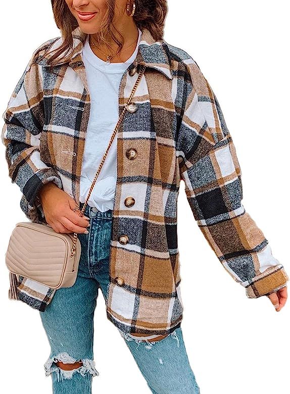 Zhiyouni Women's Casual Lapel Plaid Wool Blend Button Down Shirt Shacket Jacket Coats | Amazon (US)