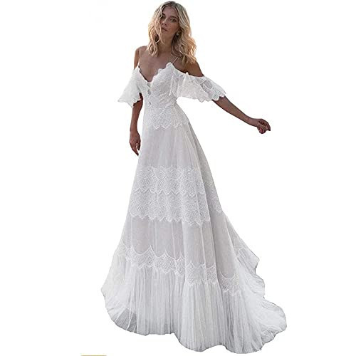 Sorayan Women's Wedding Dresses Chic Lace Evening Dresses V Neck Ruffle Sleeves Beachy Boho Outdoorsy Wedding Gowns(White,S) | Amazon (US)