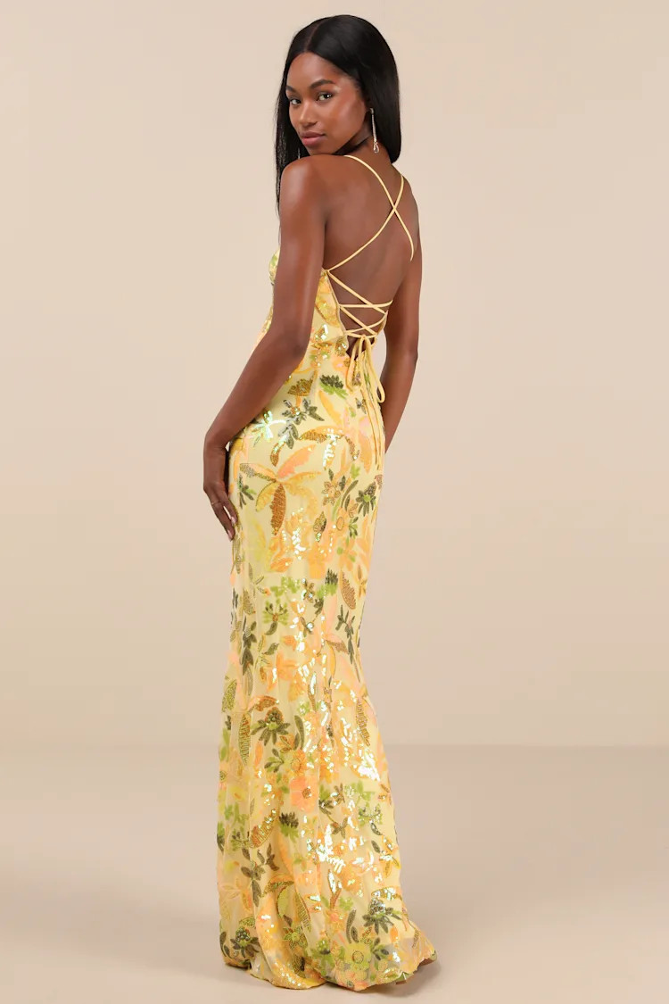 Glittering Icon Yellow Iridescent Sequin Lace-Up Maxi Dress | Lulus