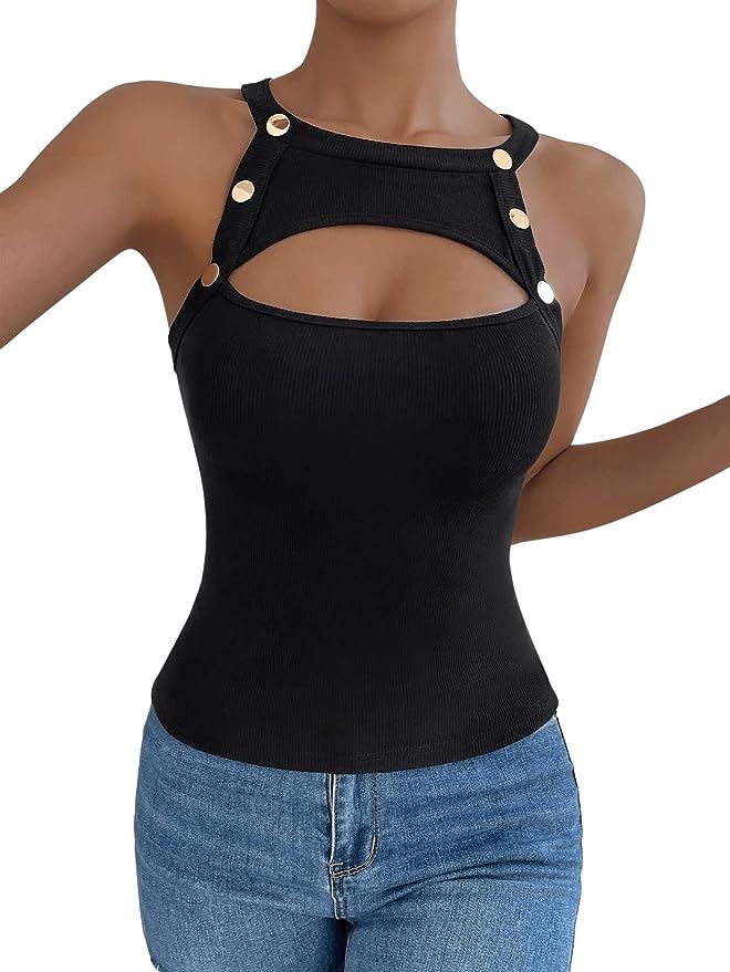 OYOANGLE Women's Cutout Front Button Detail Sleeveless Halter Tops Y2k Streetwear Tee Top | Amazon (US)