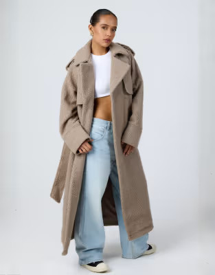 Aria Cove boucle oversized collar detail belted longline trench coat in mocha | ASOS | ASOS (Global)