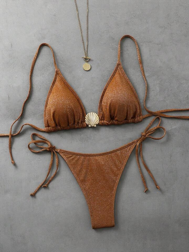 SHEIN Swim Summer Beach Sexy Women Shiny Fabric Shell Decor Spaghetti Strap Bikini Set | SHEIN