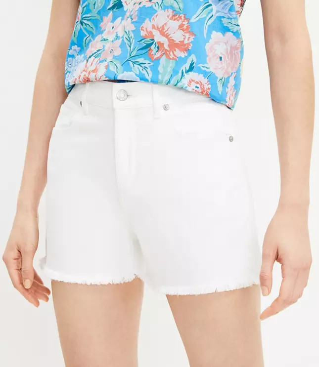 Curvy Frayed Denim Cut Off Shorts in White | LOFT