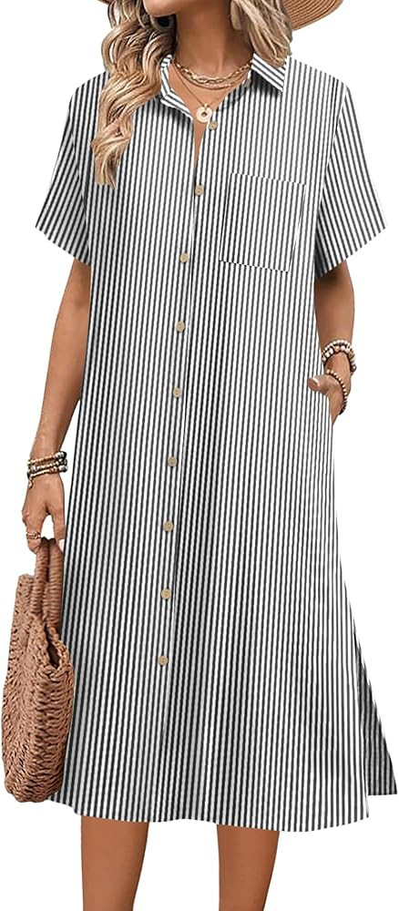 HOTOUCH Womens Dress Summer Casual Midi Short Sleeve Button Down Shirt Dresses Loose Beach Cover ... | Amazon (US)