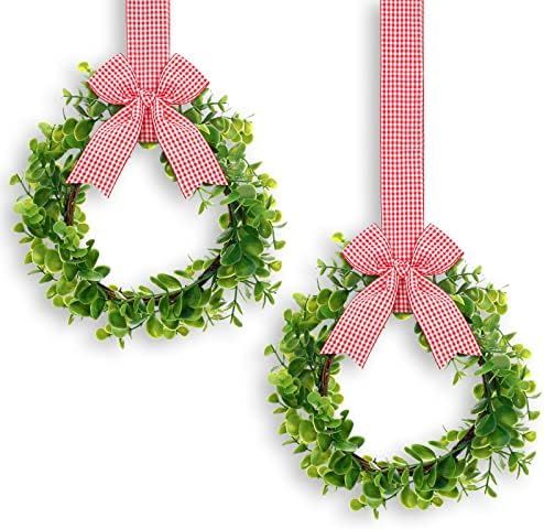 2 Pieces 10 Inch Valentine Wreaths Faux Kitchen Cabinet Wreaths Mini Boxwood Wreaths with Ribbon Sma | Amazon (US)