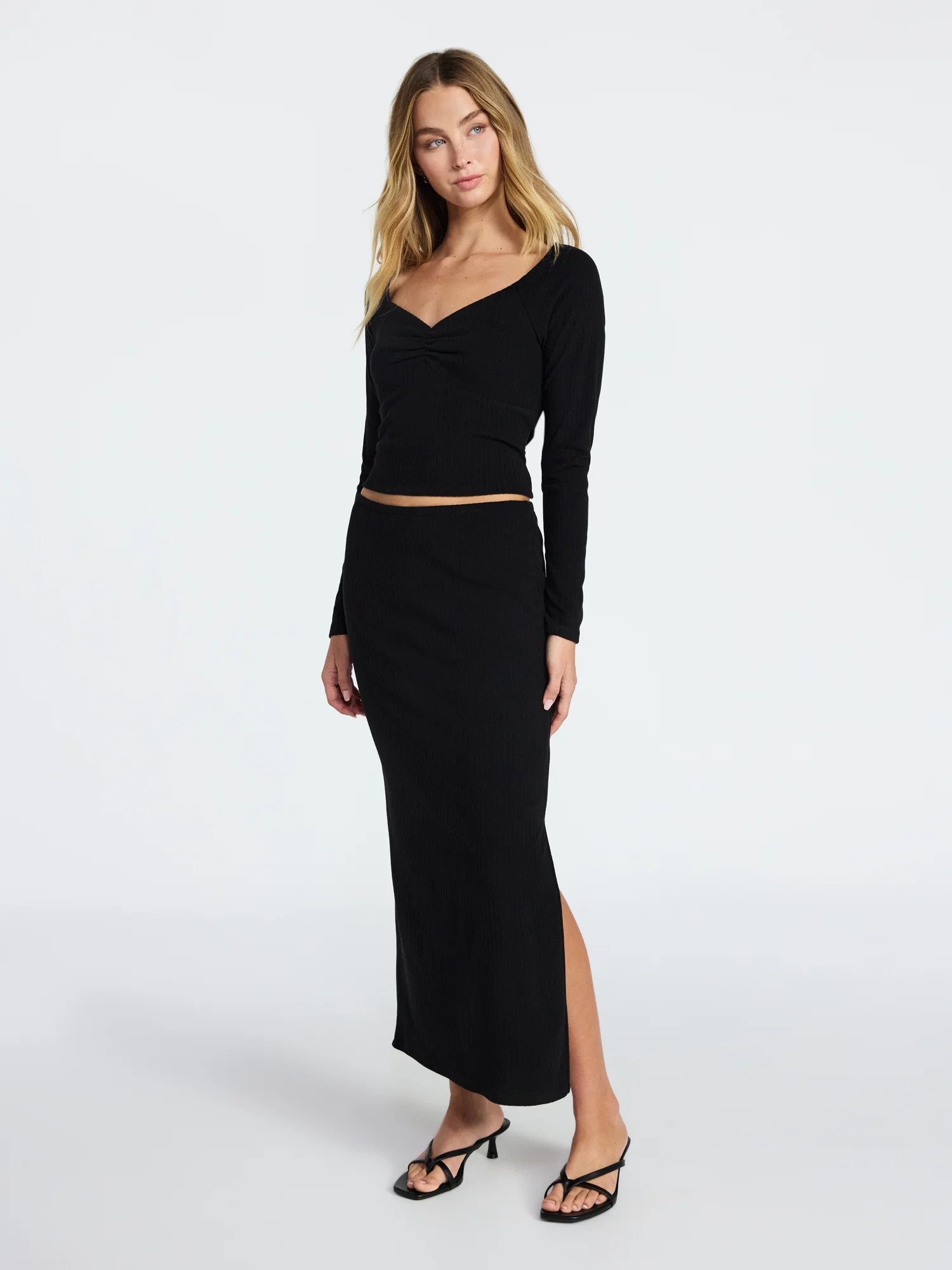 No Boundaries Long Sleeve Ruched Front Top and Maxi Skirt Set, 2-Piece, Women's XXS-XXL | Walmart (US)