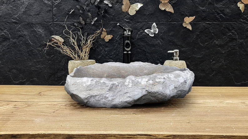 Seagrass Fossil Limestone Rustic Natural Stone Vessel Sink Polished Interior Hand Chiseled Exteri... | Etsy (US)