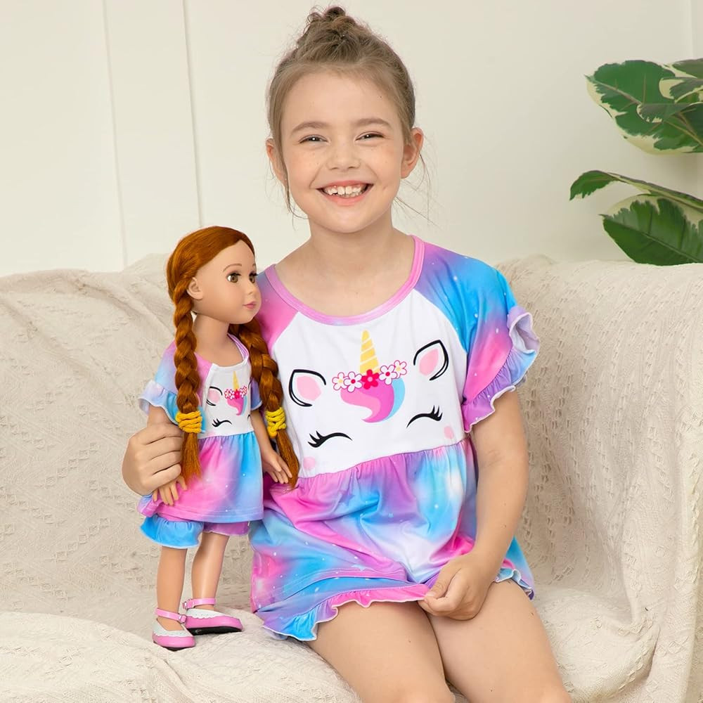 Girl & Doll Matching Pajamas Unicorn Outfit Clothes for Girls and 18" Dolls Pajama Sets (Doll Not In | Amazon (US)