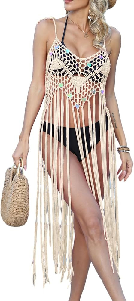 Women's Crochet Cover Ups Hollow Out Bikini Swimsuit Bathing Suit Cover Up for Pool Swimwear Tass... | Amazon (US)