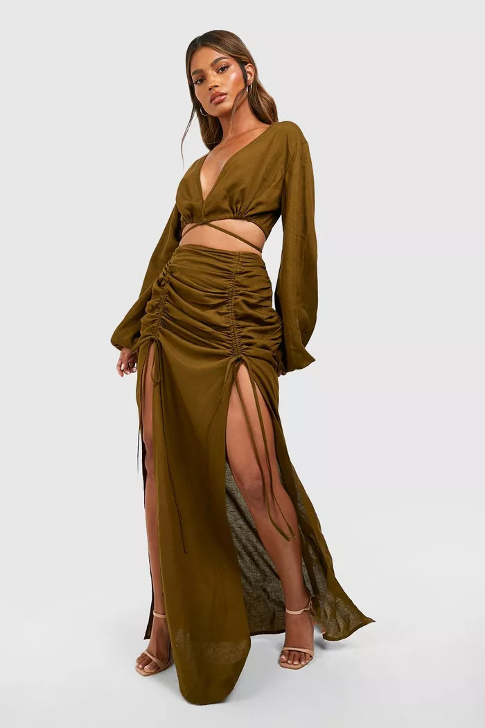 Linen Tie Waist Crop & Ruched Detail Maxi Skirt | boohoo (US & Canada)