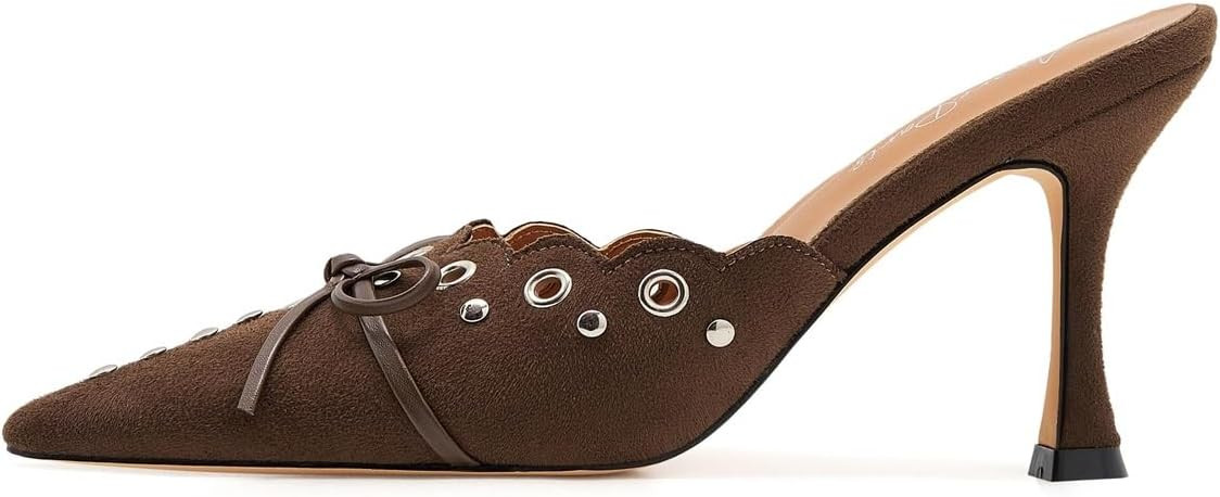 Kitten Heel Mules for Women Bow Tie Suede Stiletto Heels Mule Pointed Toe Studs Slide Heeled Sand... | Amazon (US)