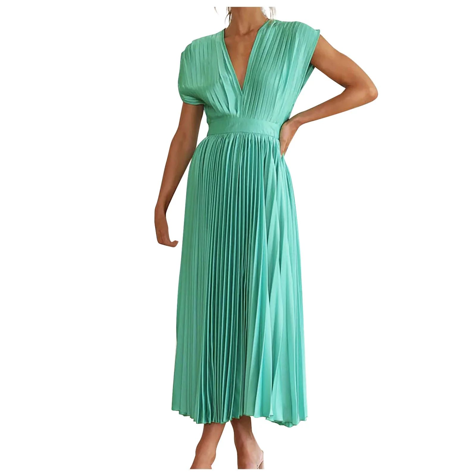 KIJBLAE Womens Pleating Swing Lace-up Backless Midi Dress Summer Fashion 2023 V Neck Dress Temper... | Walmart (US)