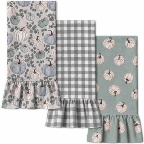 Fanfanwin 3 Pcs Blue Pumpkins Fall Kitchen Towels, 100% Cotton Ruffled | Amazon (US)