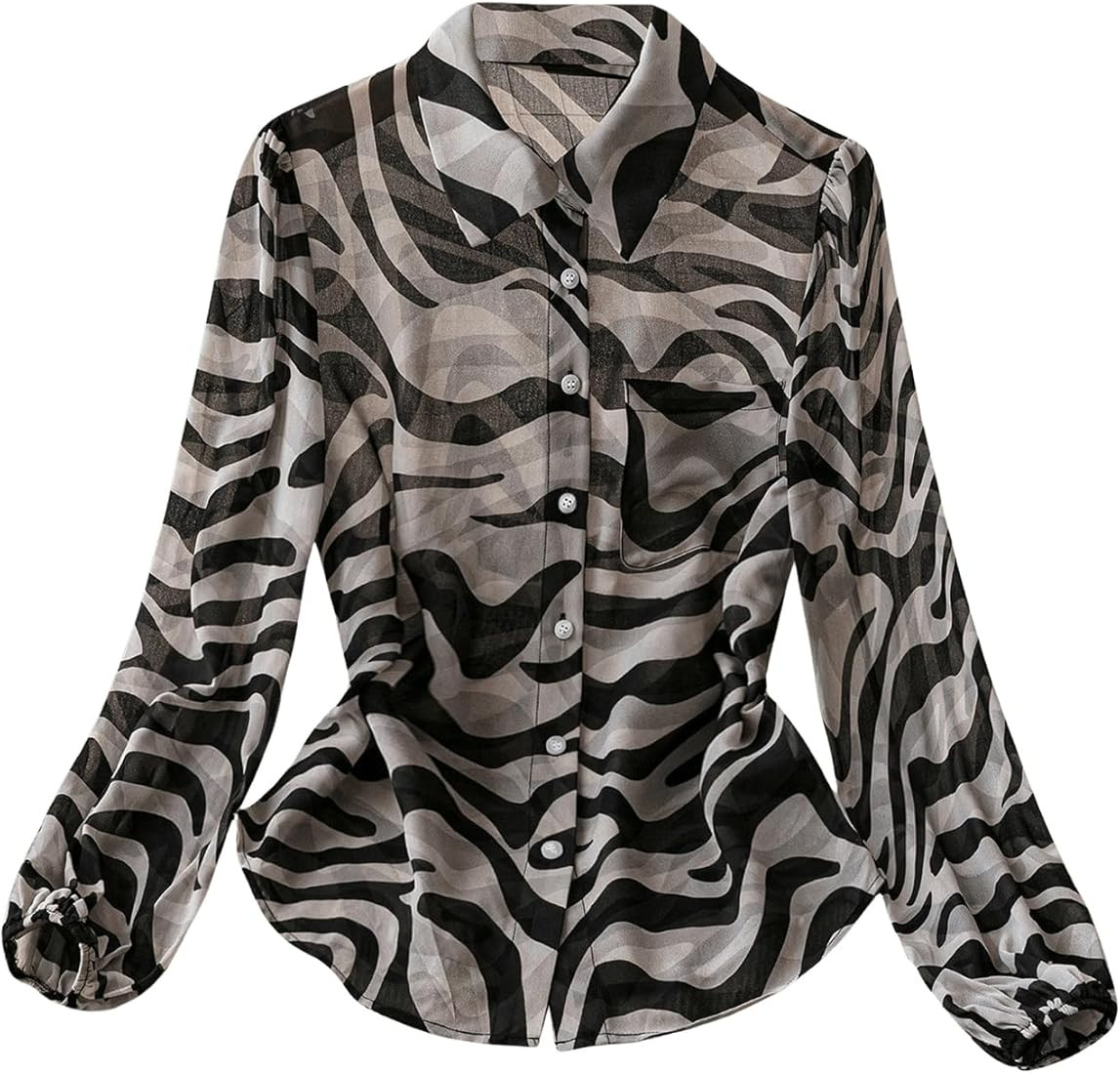 MakeMeChic Women's Zebra Striped Long Sleeve Collar Sheer Button Down Shirt Blouse Chiffon Tops | Amazon (US)