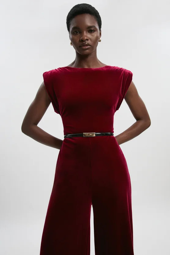 Petite Stretch Velvet Strong Shoulder Jumpsuit | Karen Millen UK + IE + DE + NL
