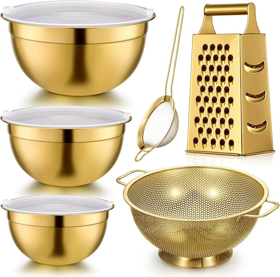 Baderke 6 Pcs Gold Kitchen Accessories Set Includes 3 Gold Mixing Bowls with Airtight Lids Stainl... | Amazon (US)