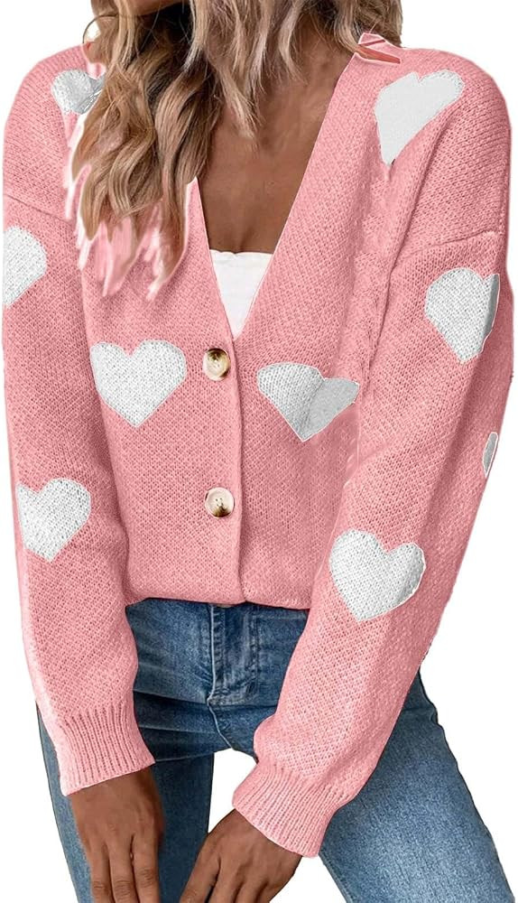 Cardigan Sweaters for Women V Neck Heart Valentines Long Sleeve Button Down Tops Cozy Knit Crop C... | Amazon (US)