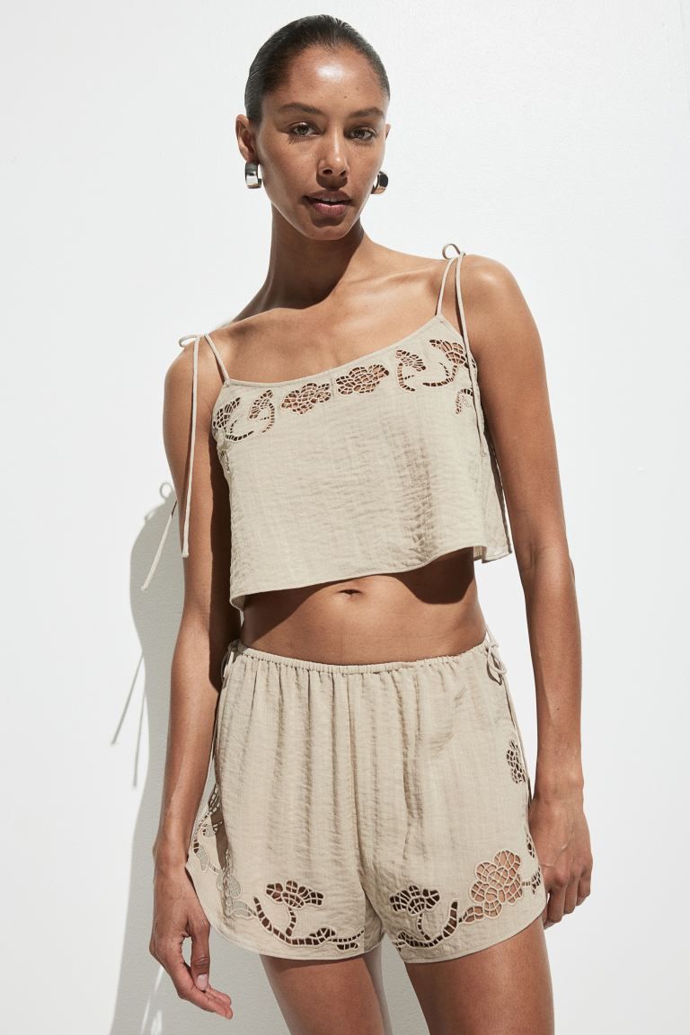 Beach Top with Eyelet Embroidery - Round Neck - Sleeveless - Beige - Ladies | H&M CA | H&M (US + CA)