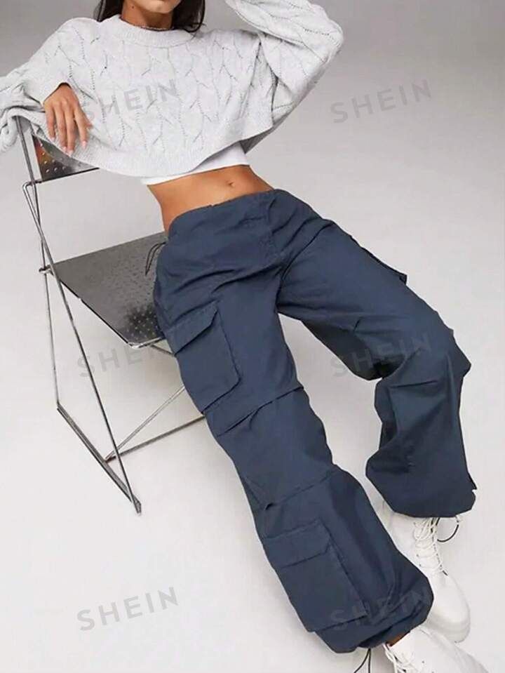 SHEIN EZwear Blue Woven Cargo Pants | SHEIN