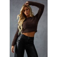 Womens Fluffy Knit Cropped Long Sleeve Jumper - chocolate - XS/S, Chocolate | Miss Pap UK
