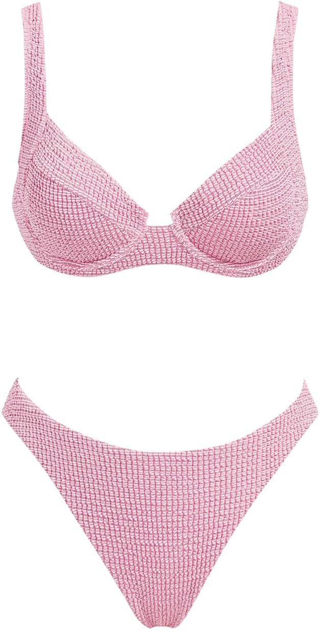 VOLAFA Women's Triangle Bikini Set Textured Push Up Underwire Solid Cheeky Two Piece Swimsuit Bat... | Amazon (US)