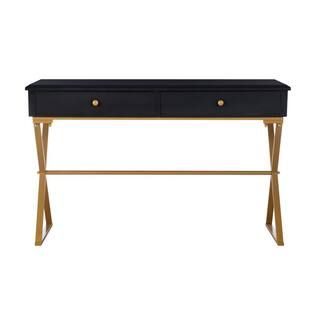Linon Home Decor 47.5 in. Rectangular Black/Gold 2 Drawer Writing Desk with Built-In Storage THD0... | The Home Depot