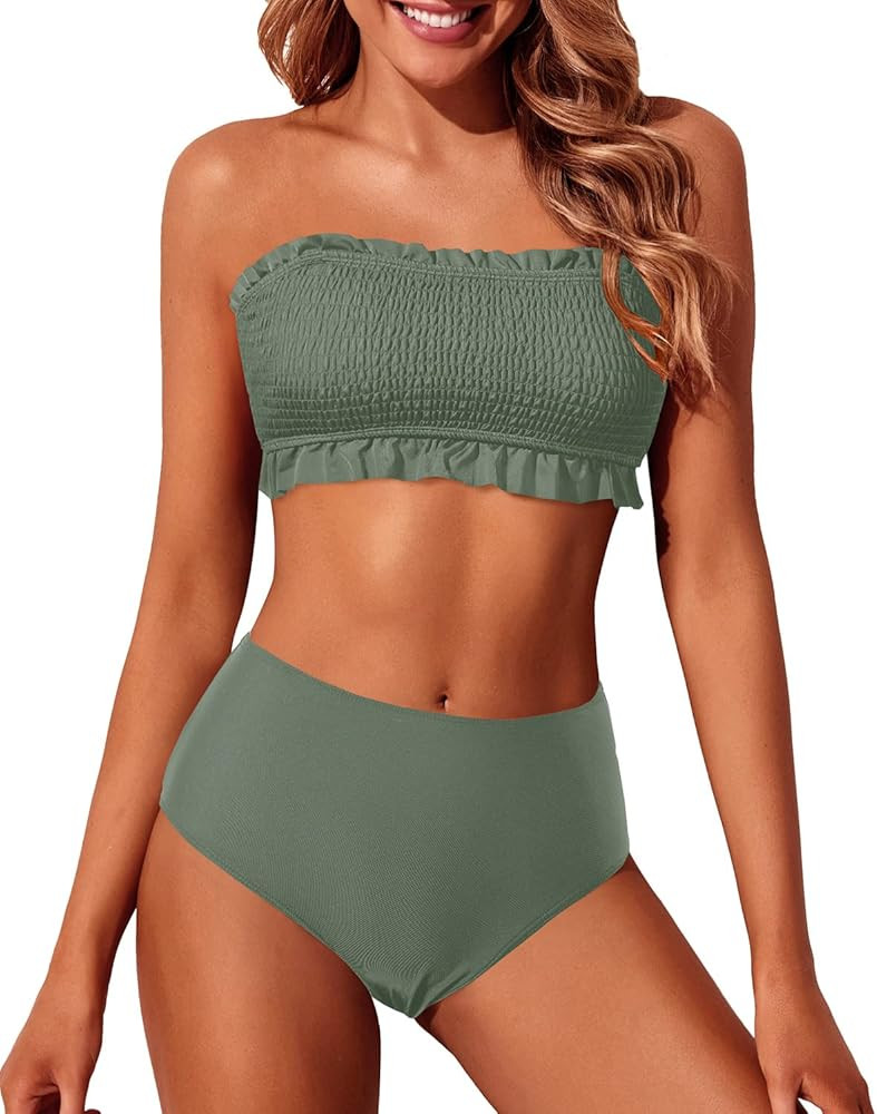 Tempt Me Women Bandeau High Waisted Bikini Sets Smocked Swimsuit Strapless Two Piece Bathing Suit | Amazon (US)