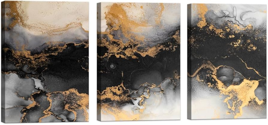 3 Pieces Black and White Wall Art for Living Room,Black Grey and Gold Fluid Wall Art,Modern Abstr... | Amazon (US)