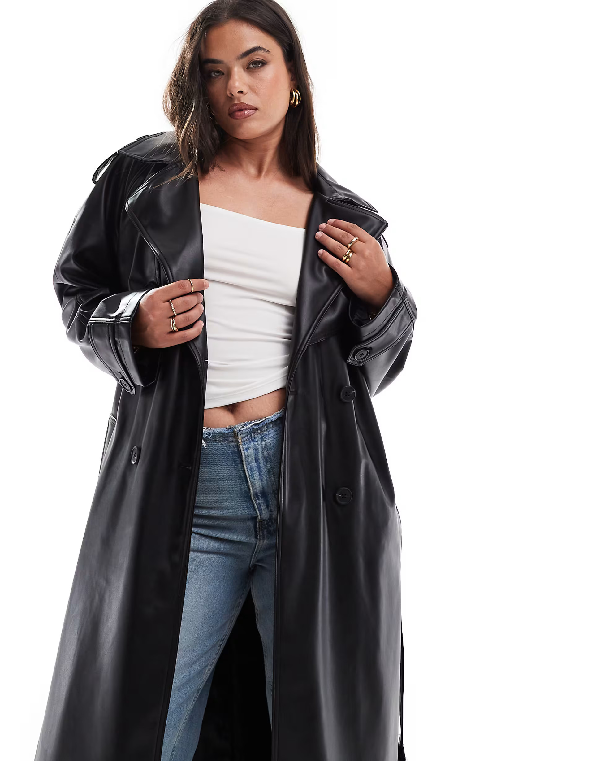 ASOS DESIGN Curve leather look trench coat in black | ASOS (Global)
