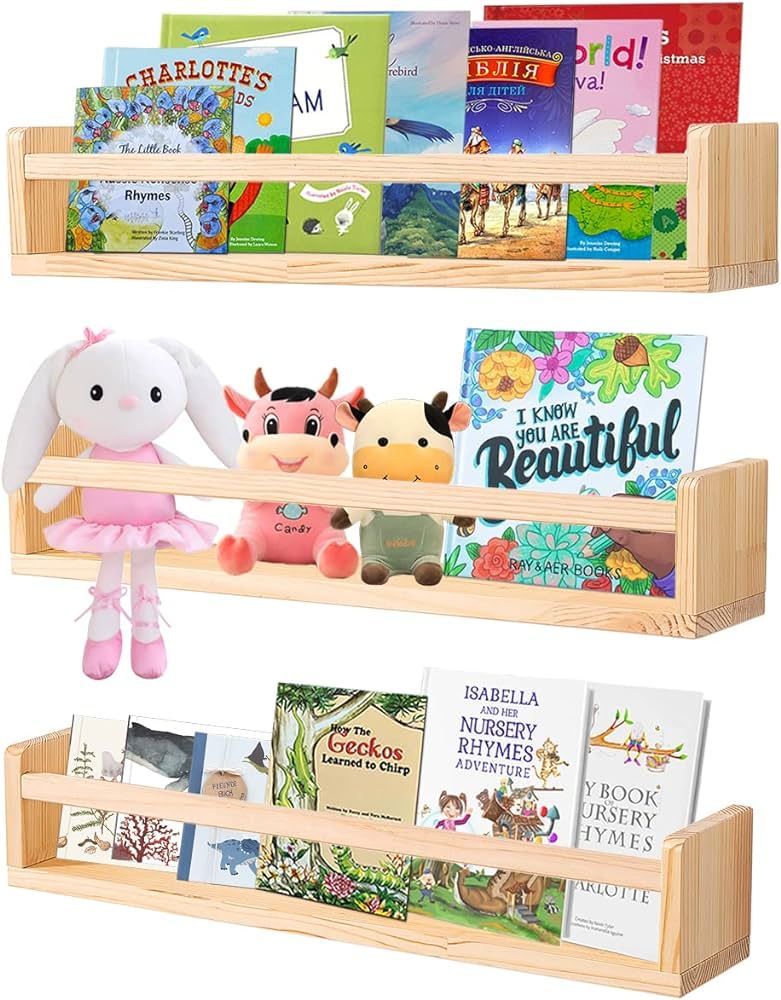AZSKY 24 Inch Rustic Natural Wood Floating Nursery Book Shelves,Wall Book Shelves for Farmhouse,B... | Amazon (US)
