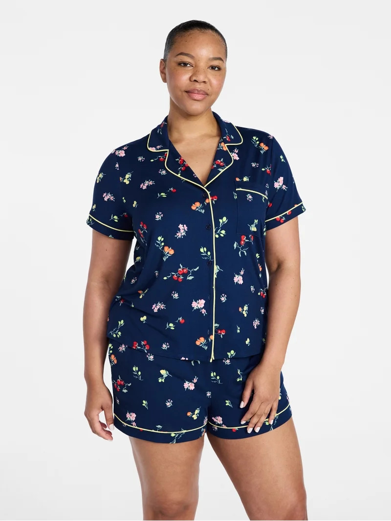Joyspun Women's Dreamy Soft Collection Notch Collar Top and Shorts Pajama Set, 2-Piece, Sizes XS-... | Walmart (US)