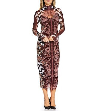 Shailene Mesh Printed Turtle Neck Long Sleeve Midi Dress | Dillard's
