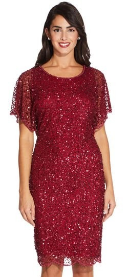 Sequin Beaded Cocktail Dress with Flutter Sleeves and Scallop Trim | Adrianna Papell