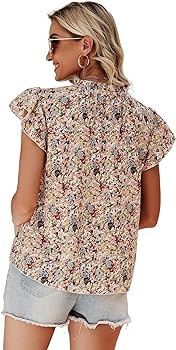 SweatyRocks Women's Casual V Neck Short Sleeve Frill Trim Blouse Shirt Top | Amazon (US)